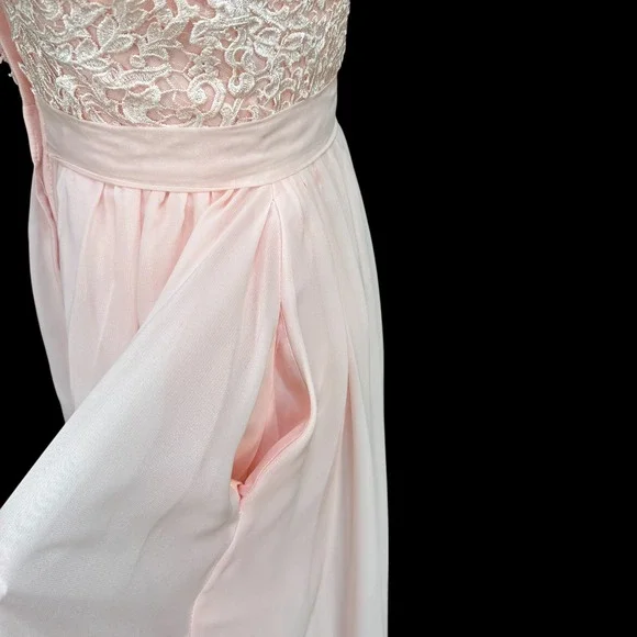Blush Pink One Shoulder Lace Bodice Chiffon Maxi Formal Dress Size 4/6 - Picture 8 of 13